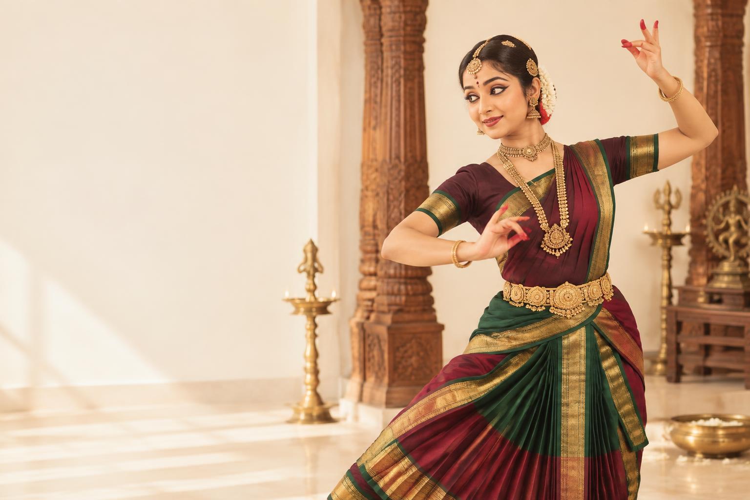 Classical dancer in a coordinated Kuchipudi jewellery and costume look
