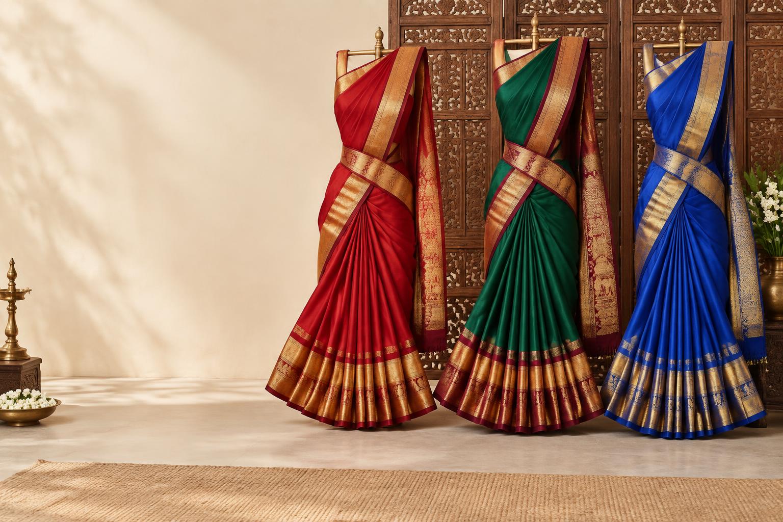 A trio of classical dance sarees in traditional colours
